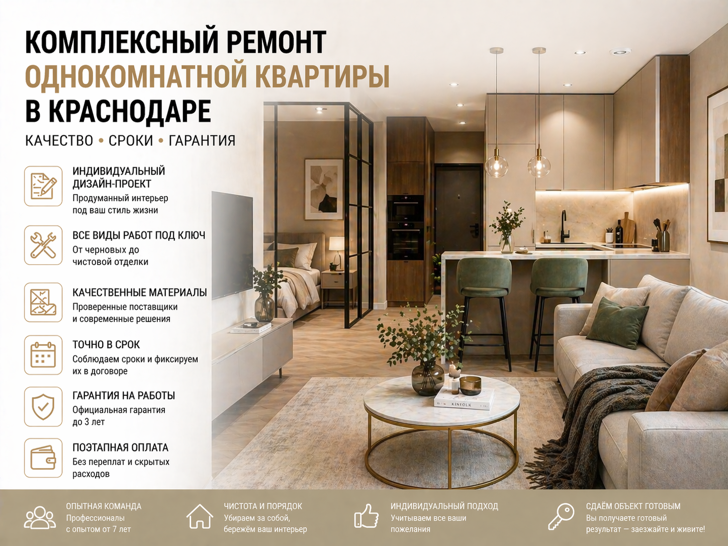 Ремонт однокомнатной квартиры в Краснодаре под ключ